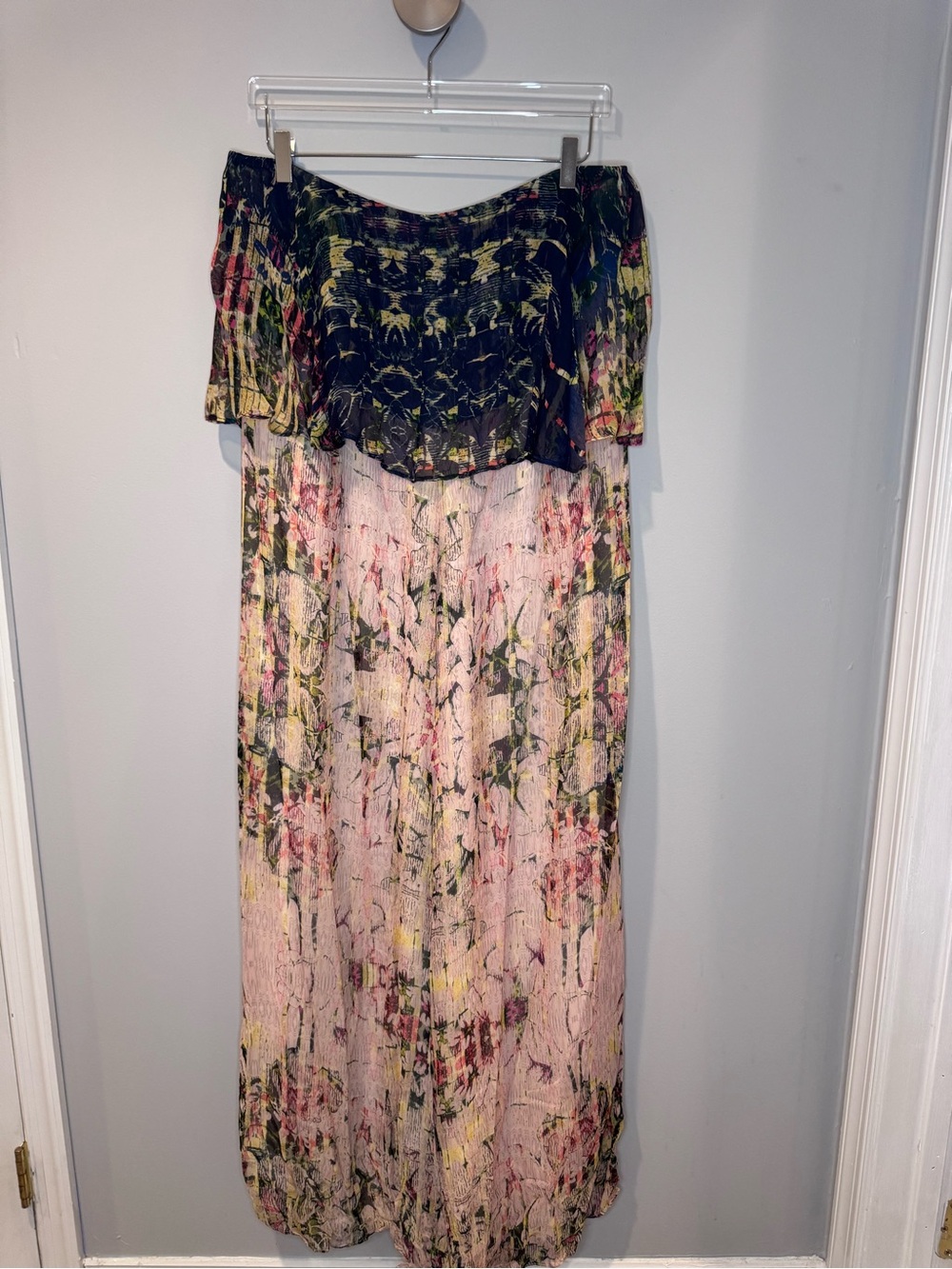 Anthropologie strapless jumpsuit in pink and navy